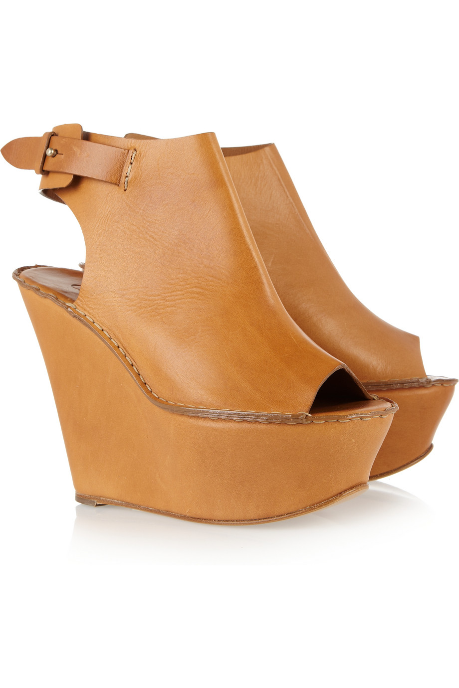 Lyst Chloé Peep Toe Leather Wedges In Brown 7413