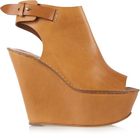 Chloé Peep-toe Leather Wedges in Brown (tan) | Lyst