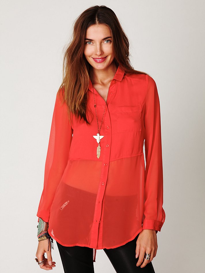 Free people Sheer Buttondown Tunic in Red | Lyst