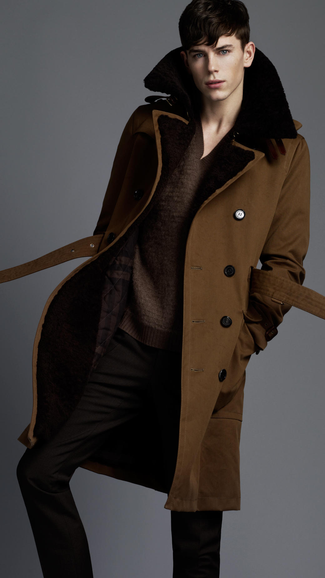 Burberry Double Breasted Dark Flax Shearling Trim Trench Coat Size:52 ...