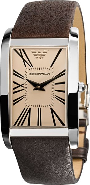 Emporio Armani Large Rectangular Leather Strap Watch in Brown for Men ...