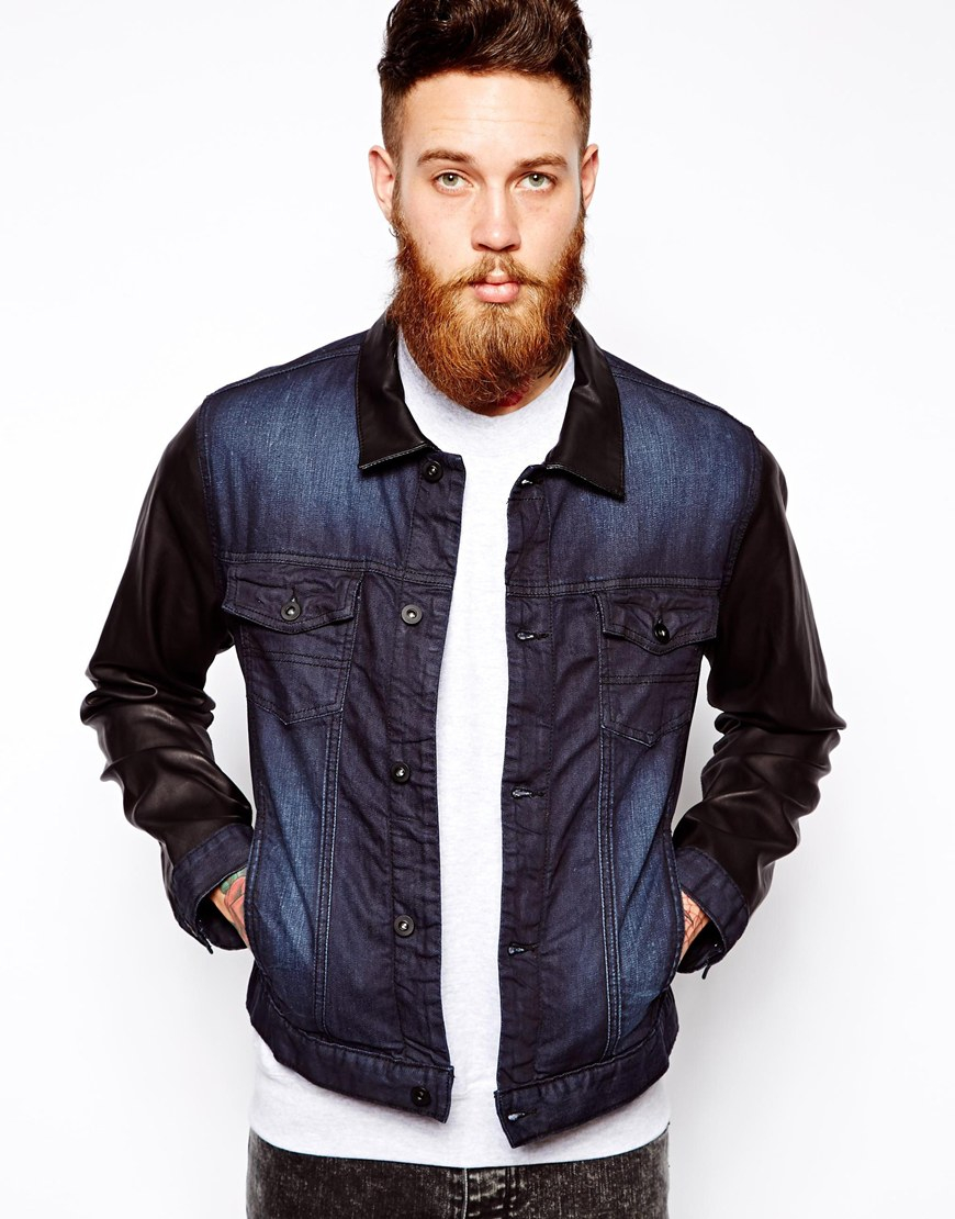 Lyst - Asos Coated Denim Jacket with Faux Leather Sleeves in Blue for Men
