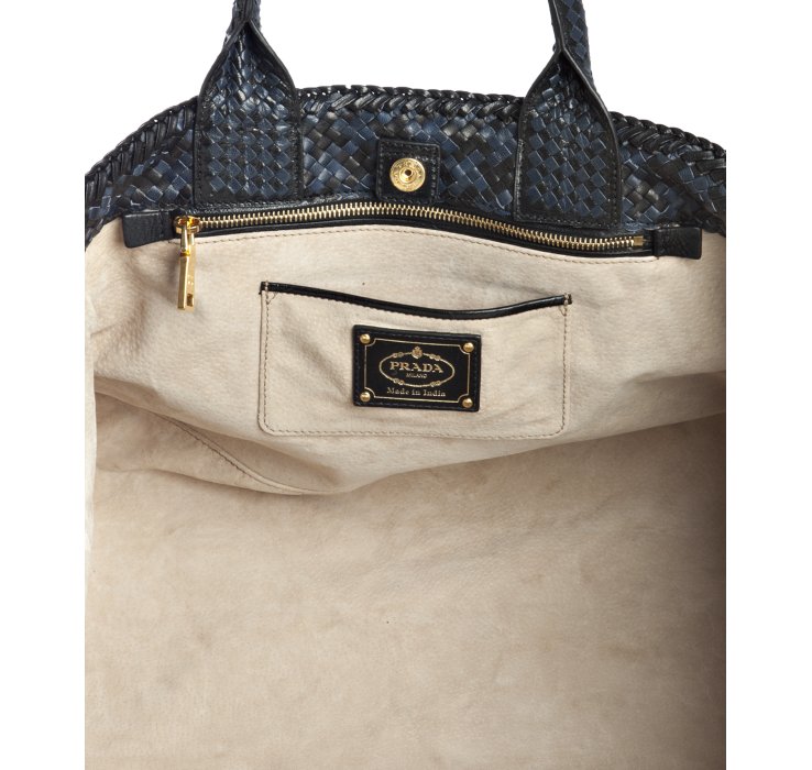 prada zip top shoulder bag - Prada Baltic and Black Woven Leather Madras Squared Tote in Blue ...