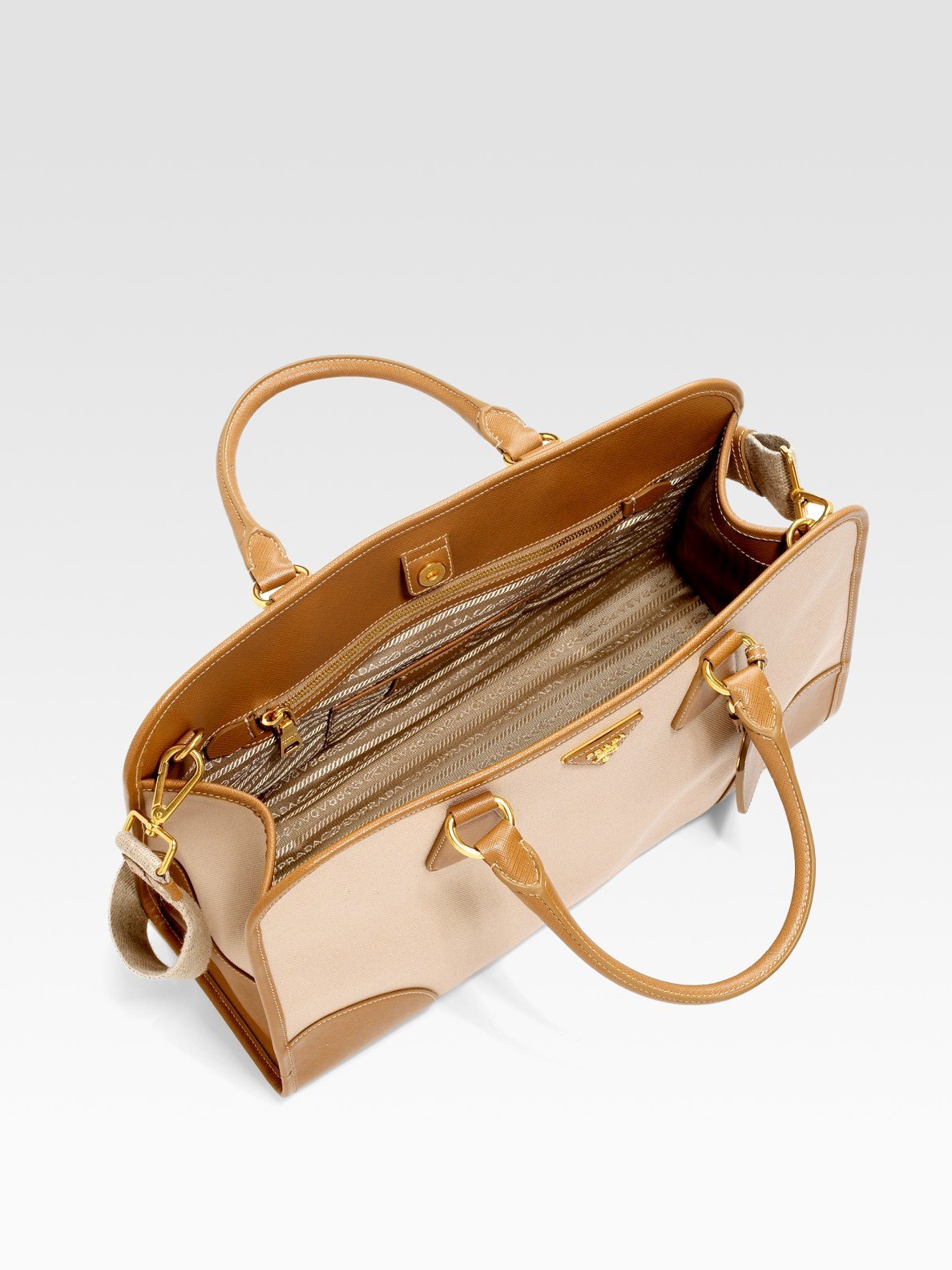 Prada Saffiano Leather \u0026amp; Canvas Top Handle Bag in Beige | Lyst