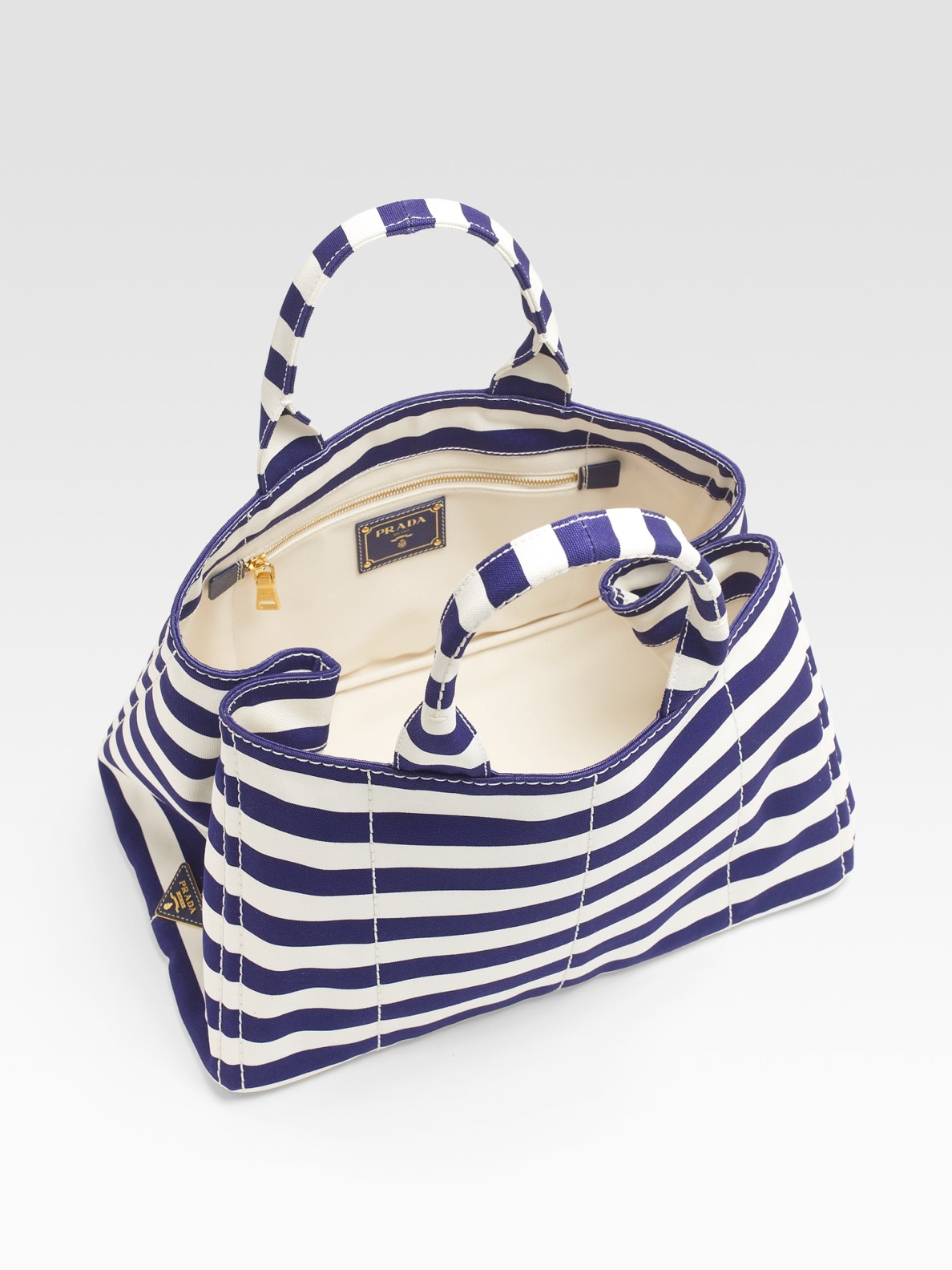 prada handbag fake - Prada Stripe Canvas Tote Bag in Blue | Lyst