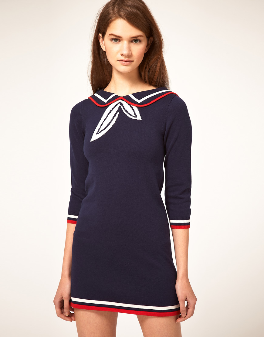 Lyst - Asos Collection Knitted Dress with Sailor Collar in Blue