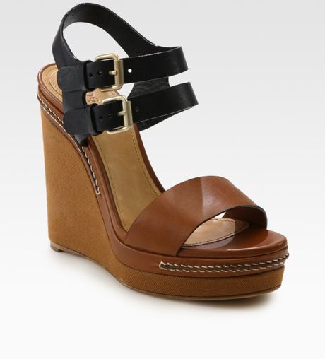 Chloé Two-tone Leather Slingback Wedge Sandals in Brown (tan) | Lyst