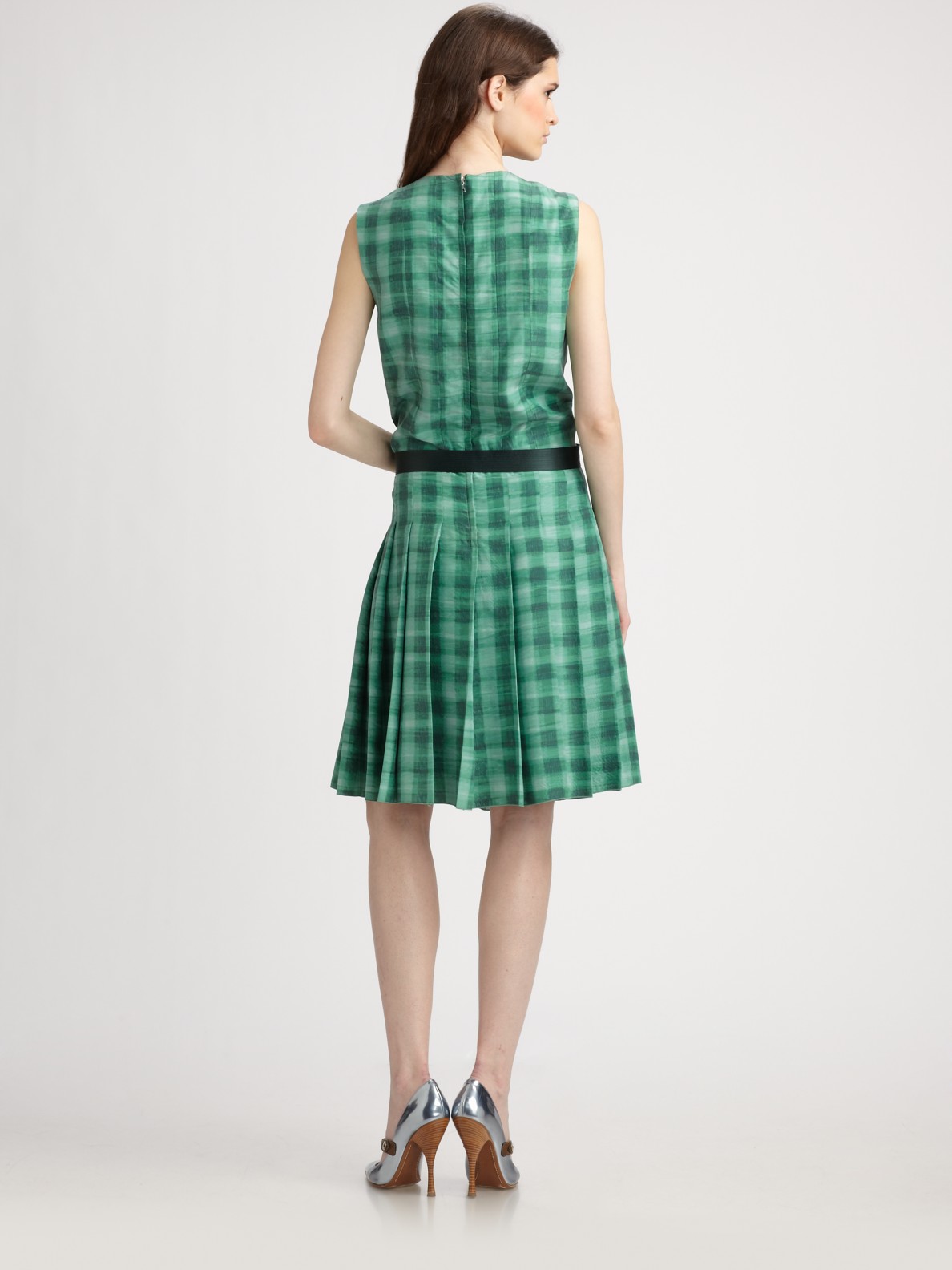 Lyst Marc Jacobs Belted Silk Gingham Dress In Green Gallery