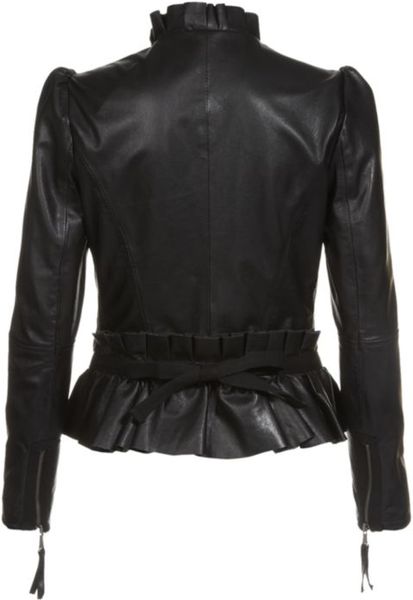 Red Valentino Ruffled Leather Biker Jacket in Black | Lyst