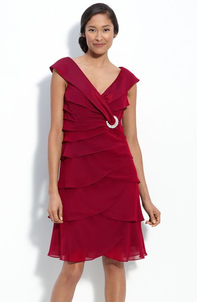 Alex Evenings Tiered Chiffon Dress in Red | Lyst