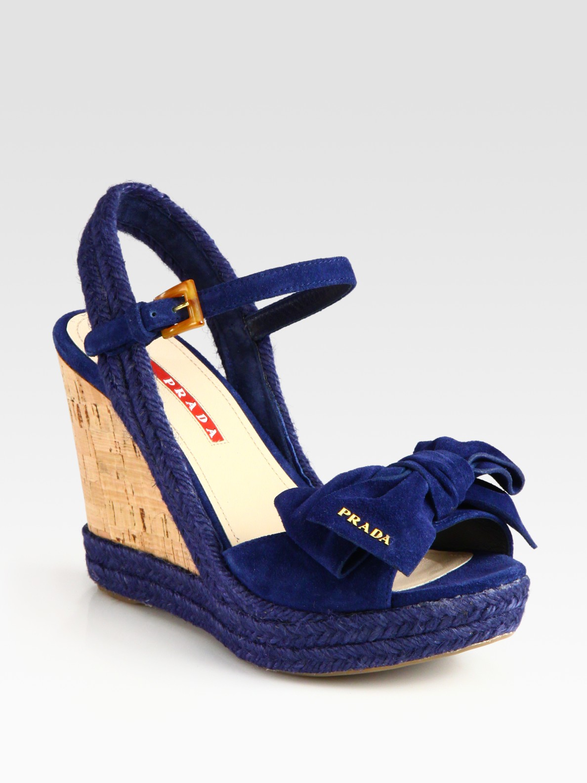 Prada Suede Espadrille Slingback Wedge Sandals with Bow in Blue | Lyst
