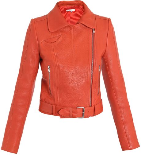 Carven Textured-Leather Biker Jacket in Red (papaya) | Lyst