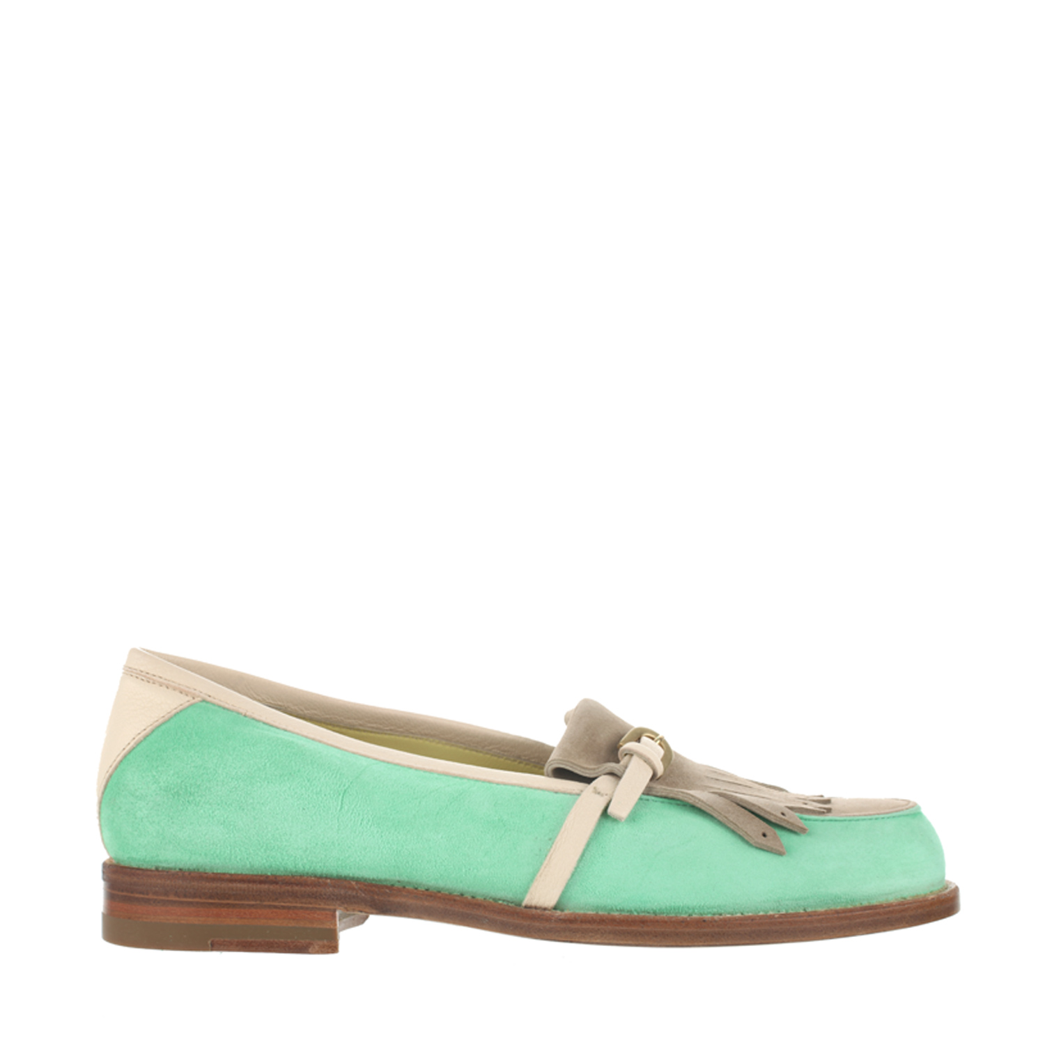 Pollini Mint-green and Beige Calfskin Suede Loafers with Cream Leather ...