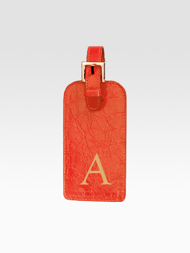 Graphic image Personalized Leather Luggage Tag in Orange Lyst