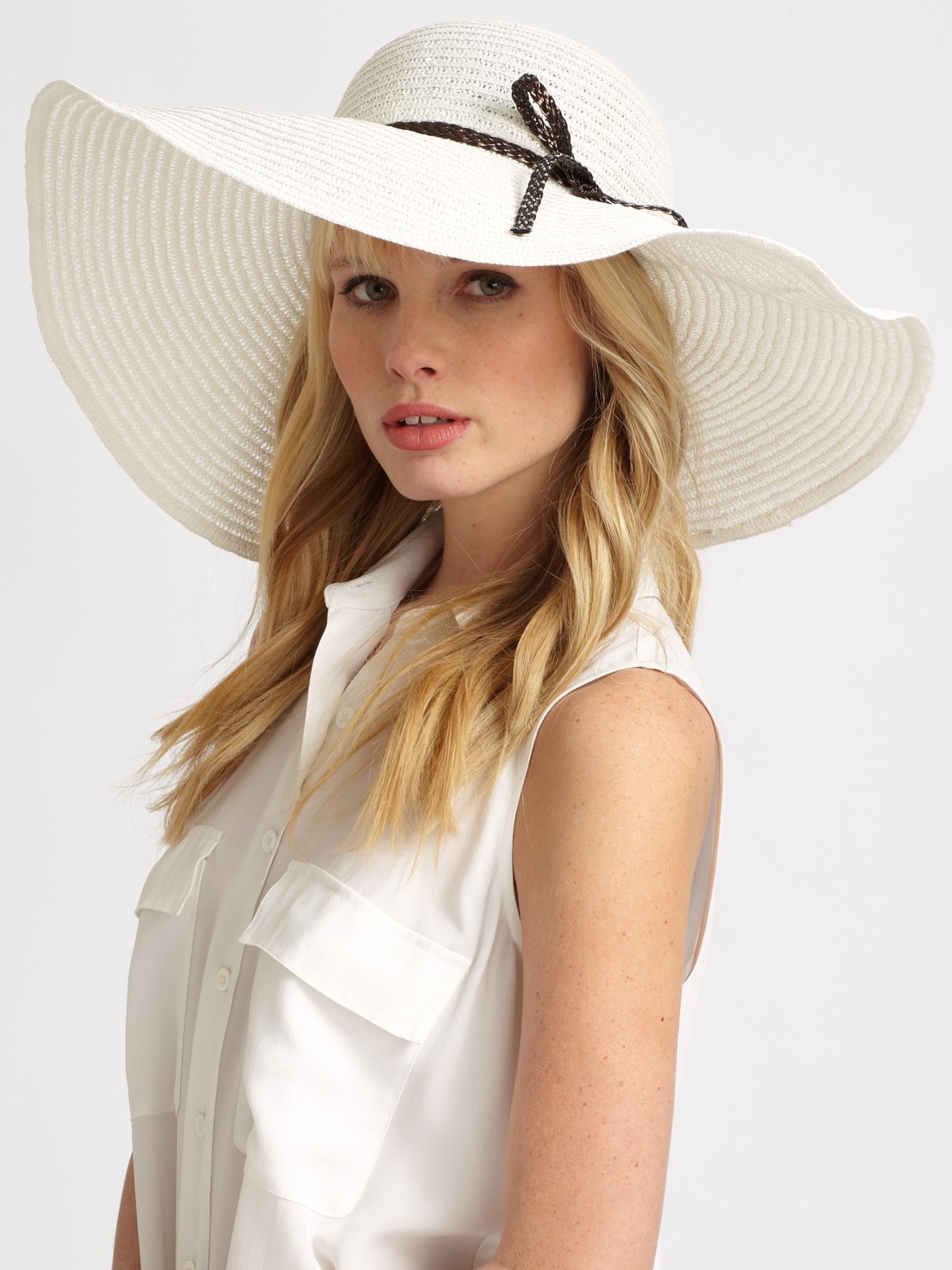 Lyst - Helene Berman Faux Leathertrimmed Floppy Hat in White