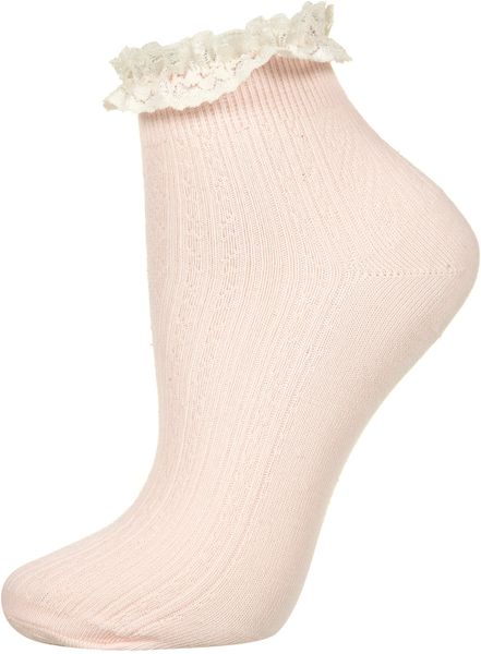 Topshop Lace Trim Ankle Socks in Pink (pale pink) | Lyst