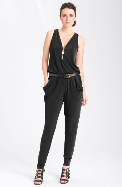 Michael Michael Kors Sleeveless Zip Front Belted Jumpsuit in Black | Lyst