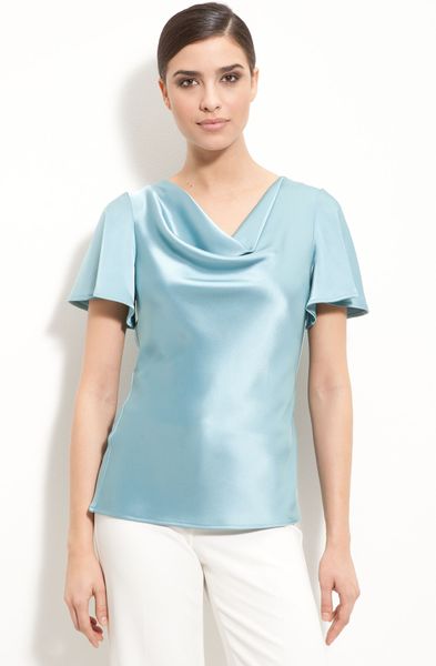 St. John Collection Flutter Sleeve Satin Blouse in Blue (pool) | Lyst