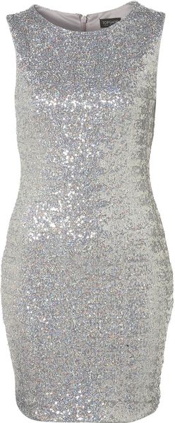 Topshop Disco Sequin Bodycon Dress in Silver | Lyst