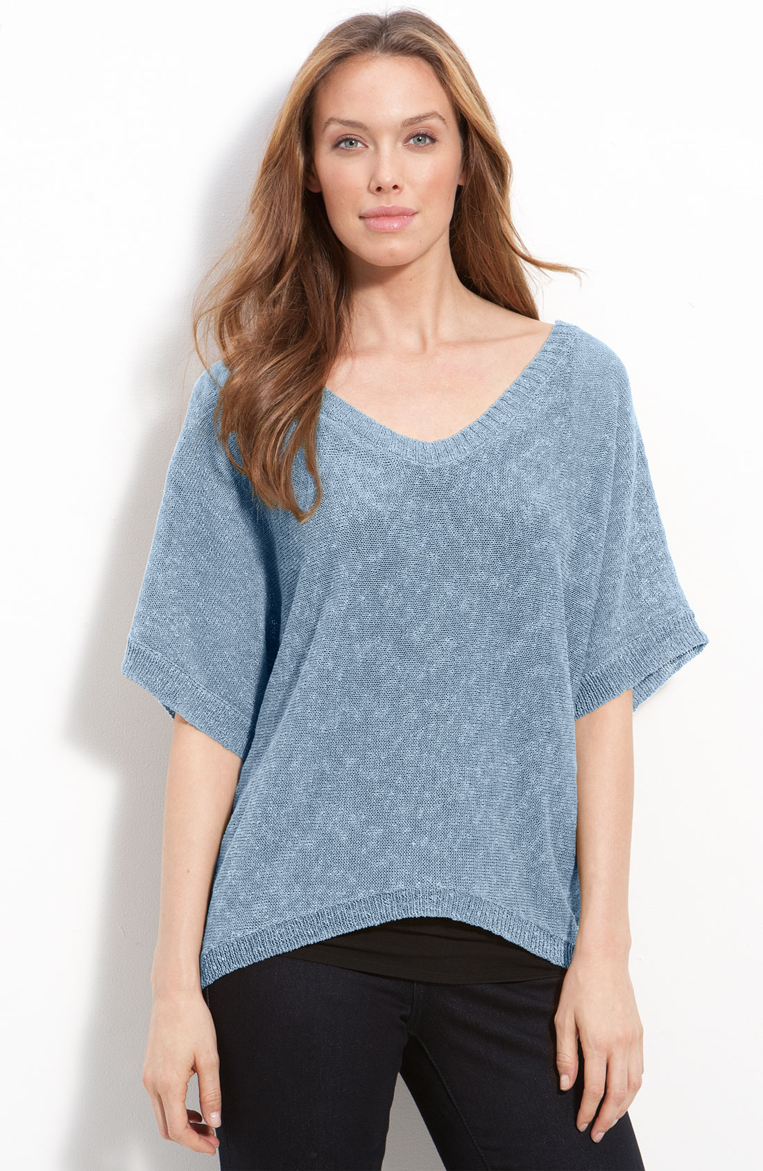 Eileen Fisher V-neck Mélange Linen Blend Sweater in Blue (blue grey) | Lyst