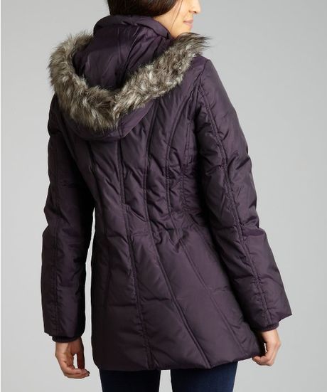 London Fog Blackberry Down and Faux Fur Hooded Jacket in Purple | Lyst