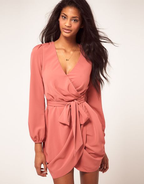 Asos Collection Asos Wrap Dress with Tie Waist in Pink (nude) | Lyst