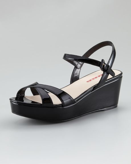 Prada Patent Leather Platform Wedge Sandal in Black (nero) | Lyst