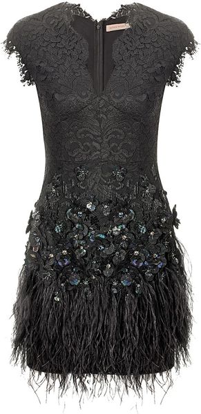 Matthew Williamson Lacquer Lace Feathered Dress in Black | Lyst