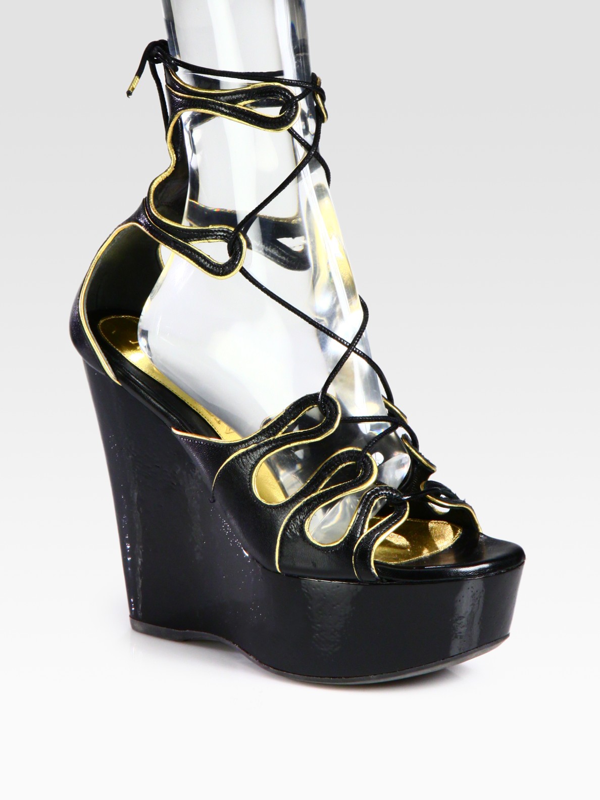 Lyst - Alexander Mcqueen Laceup Leather Metallic Leather Wedge Sandals ...