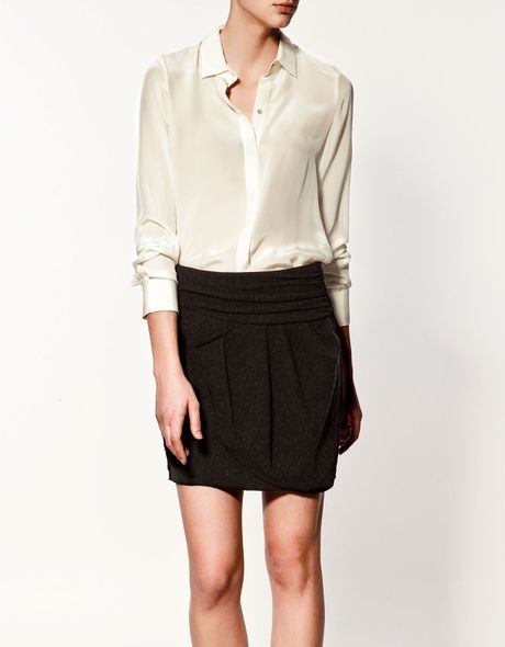 Zara Silk Blouse with Pocket in Beige (ecru) | Lyst