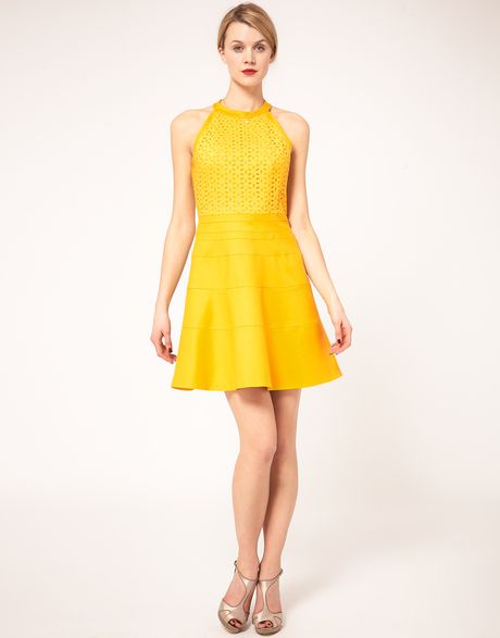 Karen Millen Fit Flare Halter Dress in Yellow | Lyst