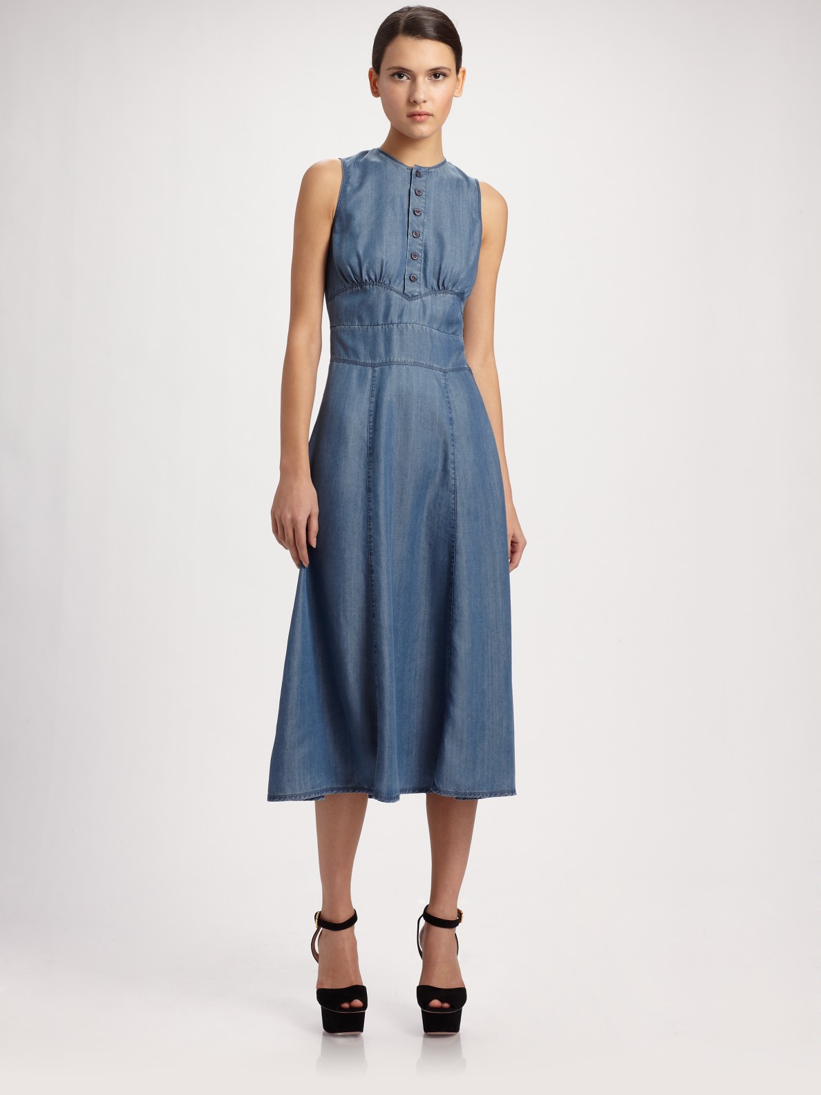 Prada Denim Sleeveless Long Dress in Blue | Lyst  