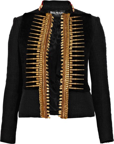 Balmain Embellished Woven Cotton And Shearling Jacket in Black | Lyst
