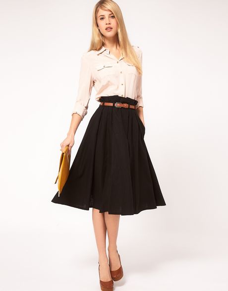 Asos Collection Asos Linen Midi Skirt with Belt in Black | Lyst