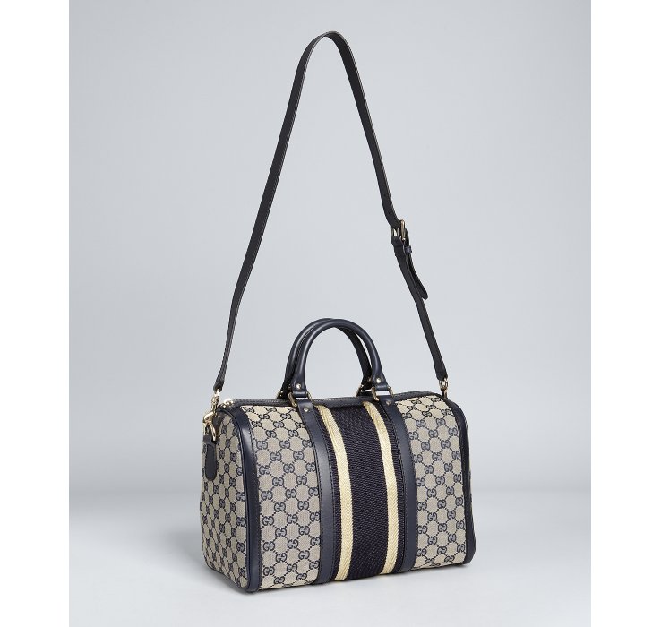 Lyst - Gucci Navy and Gold Trim Gg Canvas Vintage Web Boston Bag in Gray
