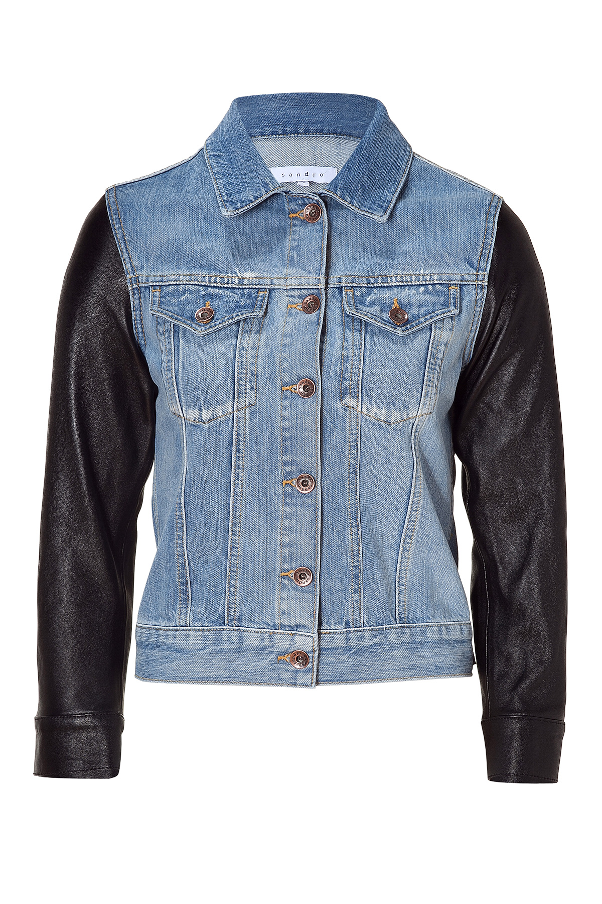 Lyst Sandro Denim Jacket With Black Leather Sleeves In Blue Gallery