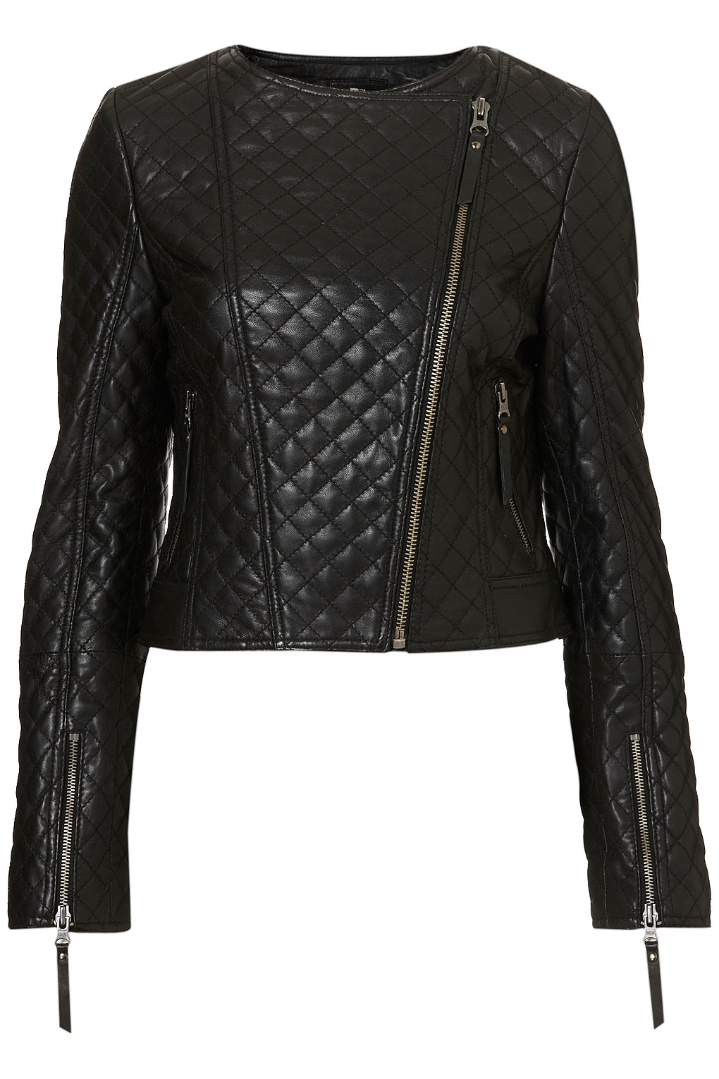 Lyst Topshop Quilted Collarless Biker Jacket In Black 