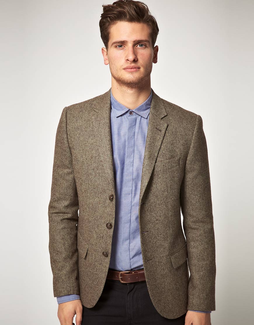 lyst-asos-asos-slim-fit-herringbone-blazer-in-brown-in-brown-for-men