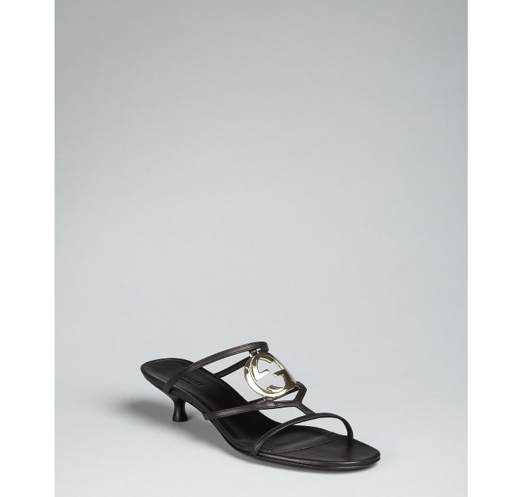Gucci Black Strappy Leather and Double G Insignia Kitten Heel Sandals in Black | Lyst