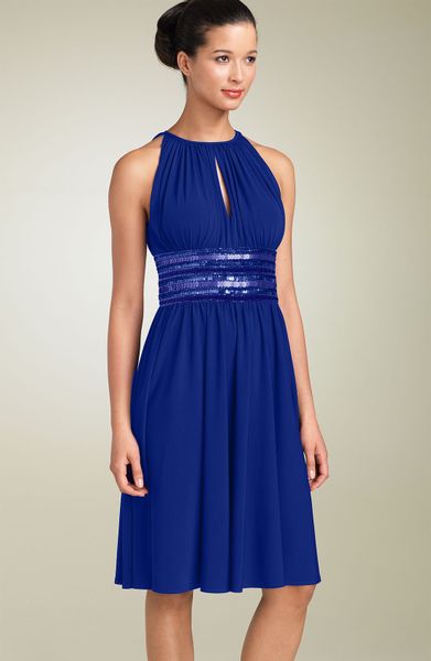 Js Boutique Embellished Matte Jersey Halter Dress in Blue (cobalt) | Lyst