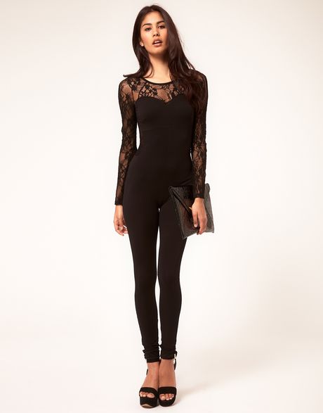 Asos Collection Asos Unitard with Lace Sleeve in Black | Lyst