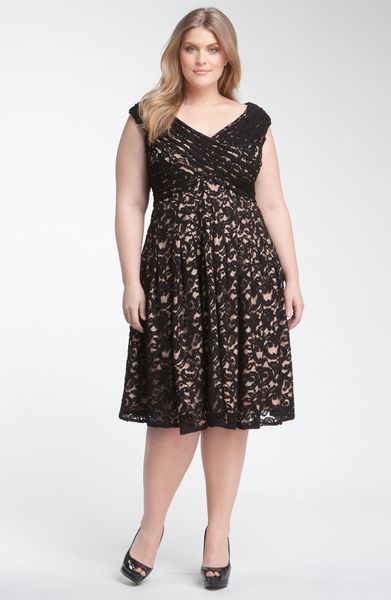 Adrianna Papell Surplice Lace Overlay Dress in Black | Lyst