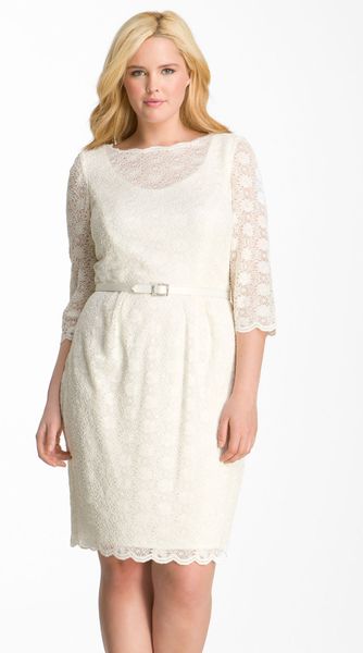 Alex Evenings Belted Lace Sheath Dress in White (ivory) | Lyst