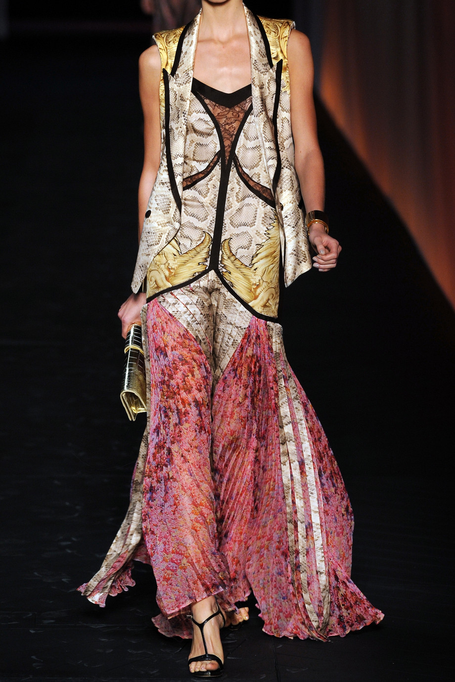 Roberto cavalli Printed Silk Satin and Silk Chiffon Gown in Natural | Lyst