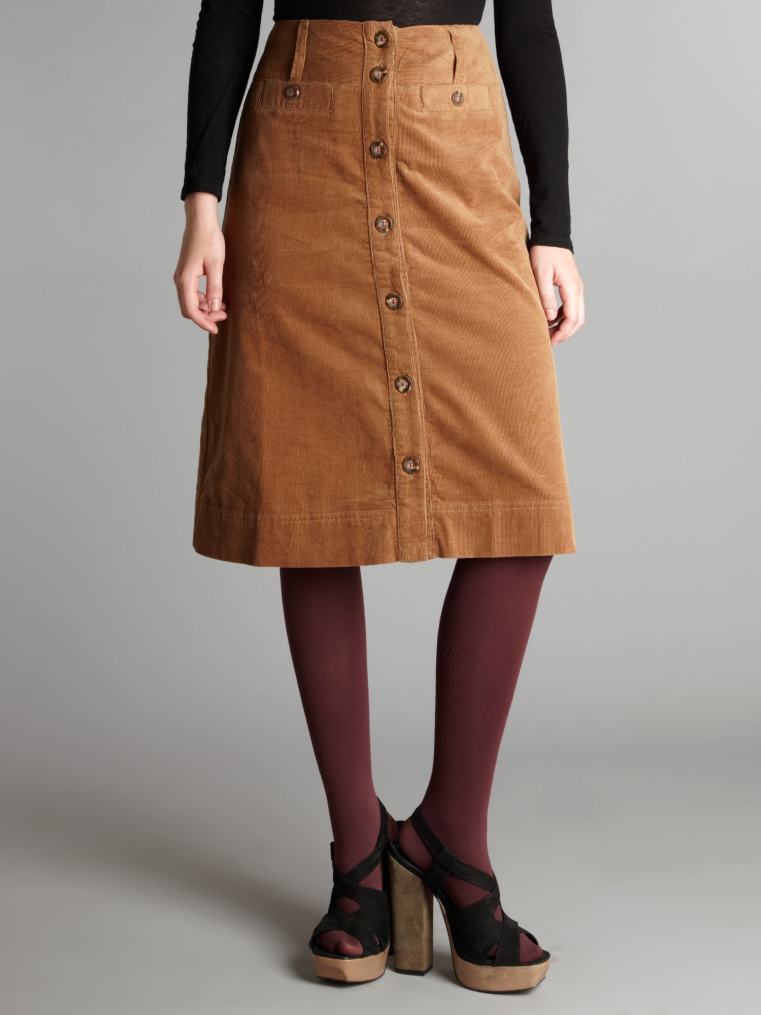 Dickins & jones Midi Button Through Cord Skirt in Brown | Lyst