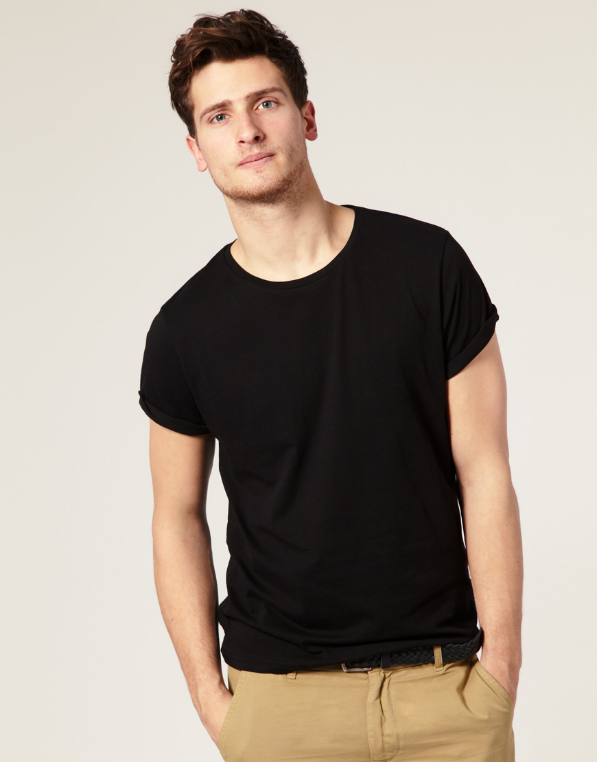 Lyst - Asos Crew Neck Tshirt with Roll Up Sleeves in Black for Men