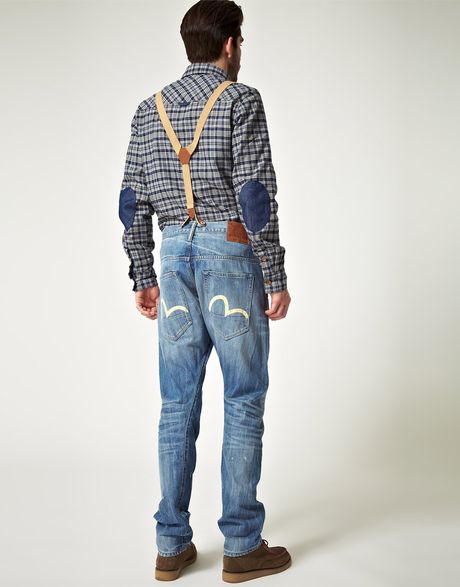 Evisu Evisu 5 Pocket Drop Crotch Jeans with Braces in Blue for Men | Lyst