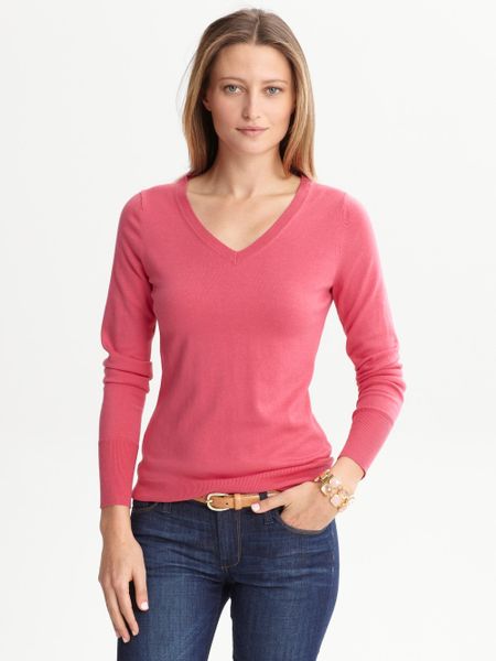 Banana Republic Silk Cotton V-Neck Sweater in Pink (brilliant berry ...