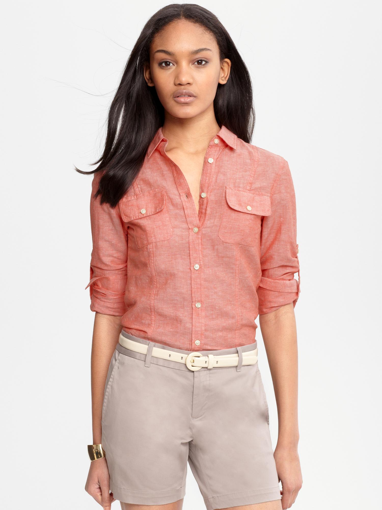 Banana Republic Chambray Button Down Shirt in Red (fresh apricot) | Lyst