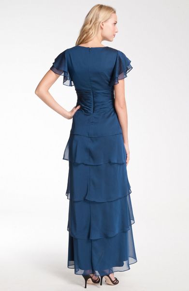 Adrianna Papell Flutter Sleeve Tiered Chiffon Gown in Blue (navy) | Lyst